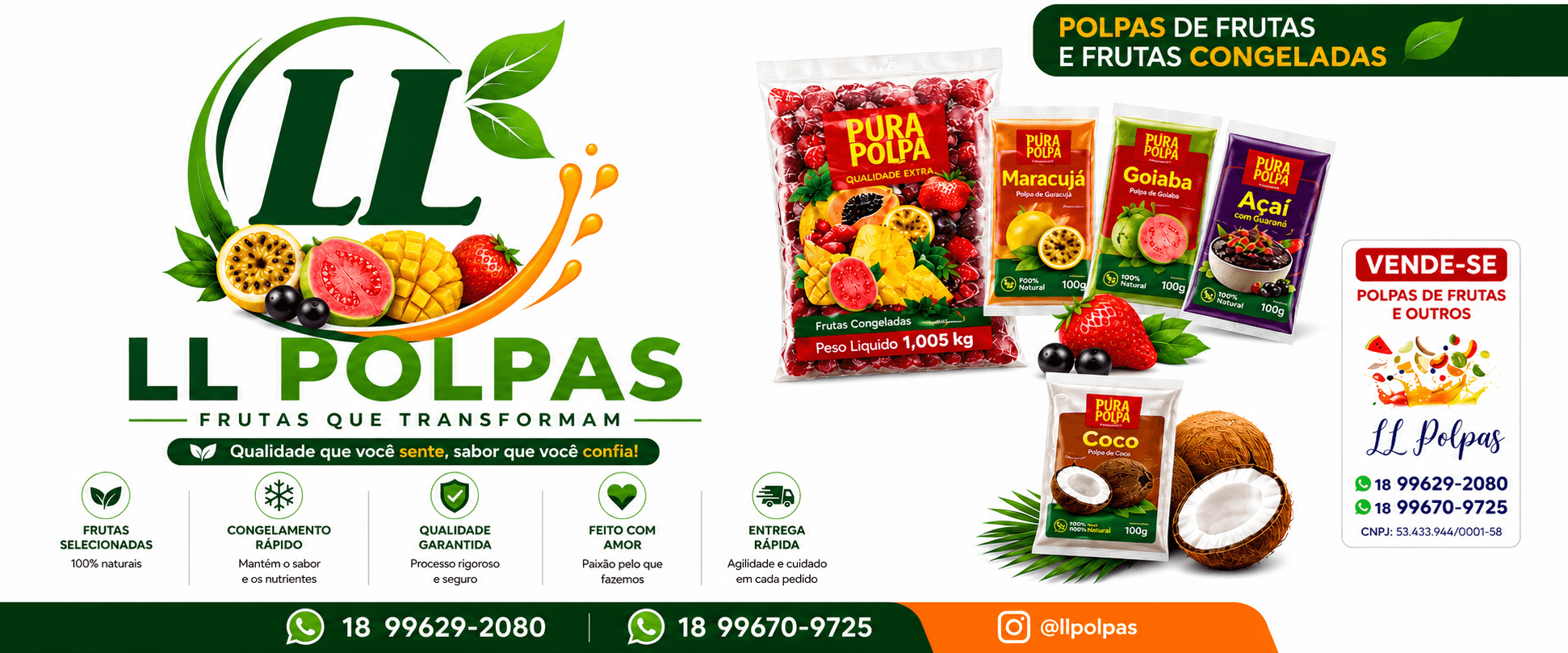 Banner LL Polpas com frutas selecionadas, polpas e frutas congeladas, benefícios e canais de atendimento